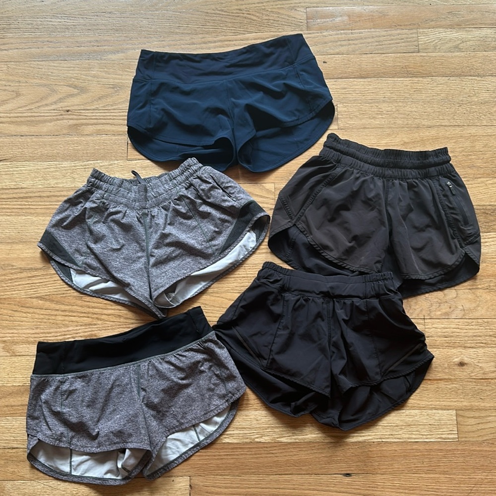 5 pairs of lulu shorts, navy blue, gray, black. Size - 2